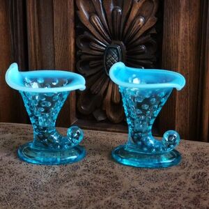Pair of Fenton Blue Opalescent Hobnail Glass Cornucopia Vases
